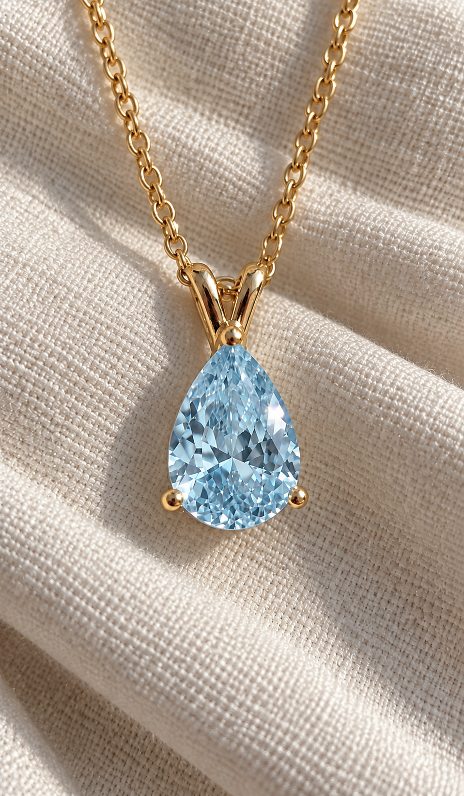 Collier Azur Bellurr, gros plan du pendentif goutte en zircone cubique bleu ciel